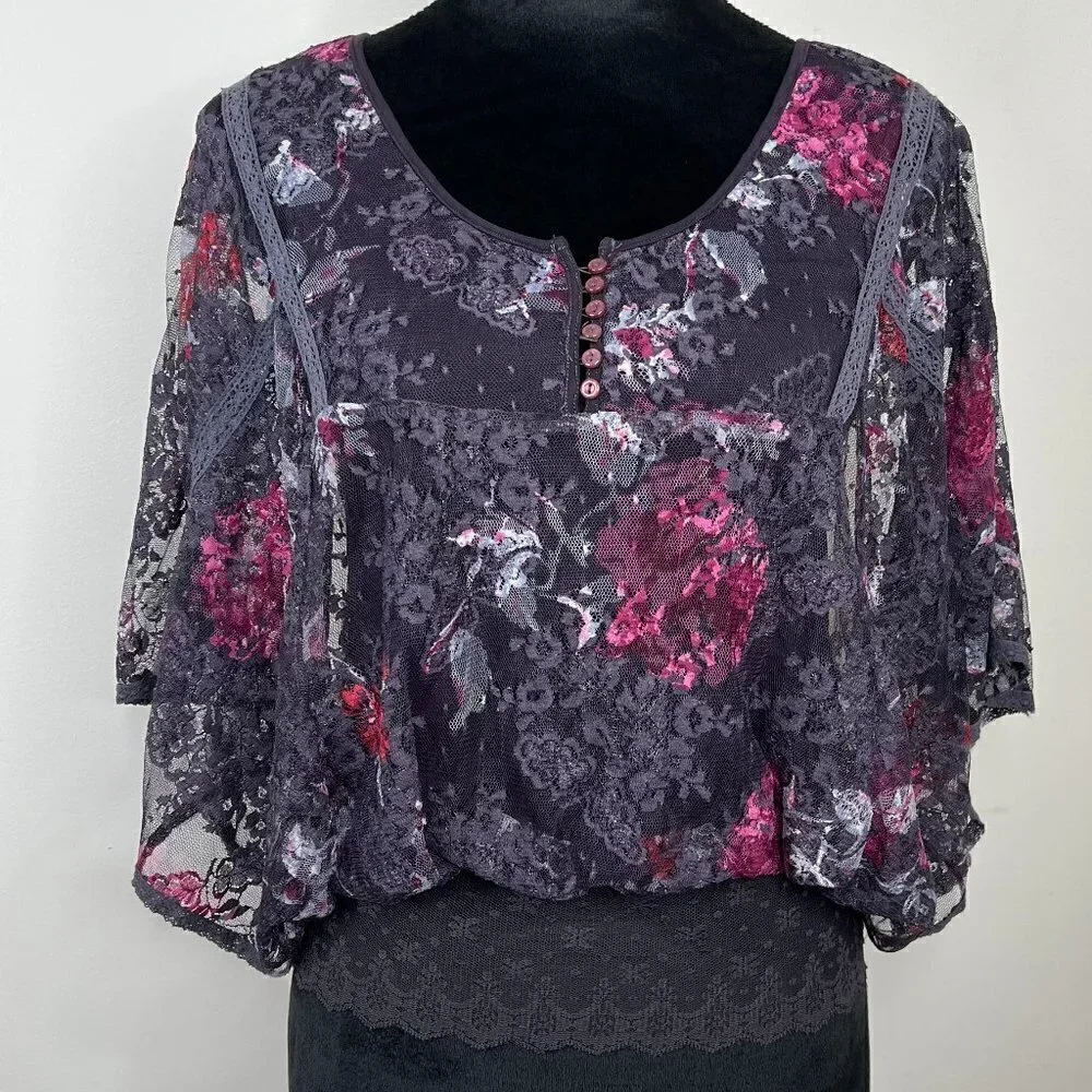 Free People Lace Batwing Top with Tank Underneath and button front details